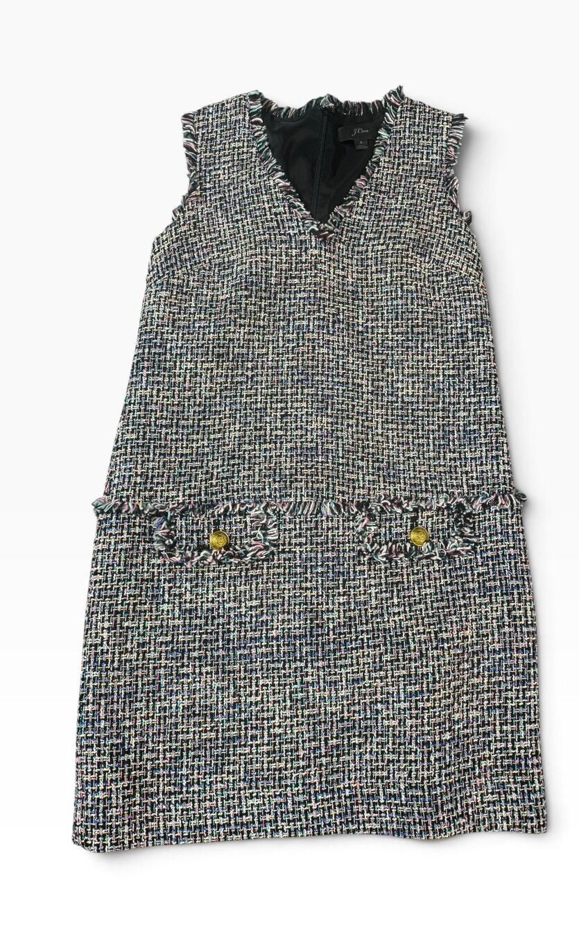 J.Crew Multi-Color Tweed V-Neck Jumper Dress 4 Gold Buttons Fringed Trim Preppy